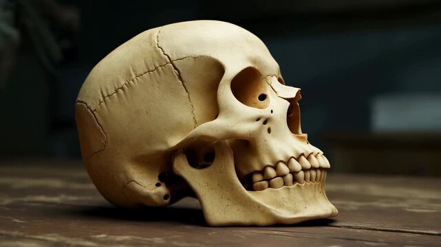 Skull On Table. Authentic Bone Model Highlighting Cranial Features Under Moody Side Illumination