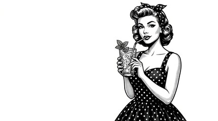 Naklejka premium IWoman in Polka Dot Dress Sipping Cold Lemonade, Classic Summer Charm, Sketch Engraving Vector Illustration, Generative AI