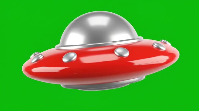 3D of a stylized, cartoon red and silver UFO. Glossy, toy-like solid plastic design wobbling smoothly against a vibrant green screen for easy chroma key integration.