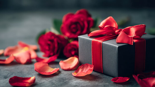 Elegant black gift box wrapped with a red satin ribbon and bow surrounded by red rose petals and fresh blooming roses on a textured surface for celebration or romanc