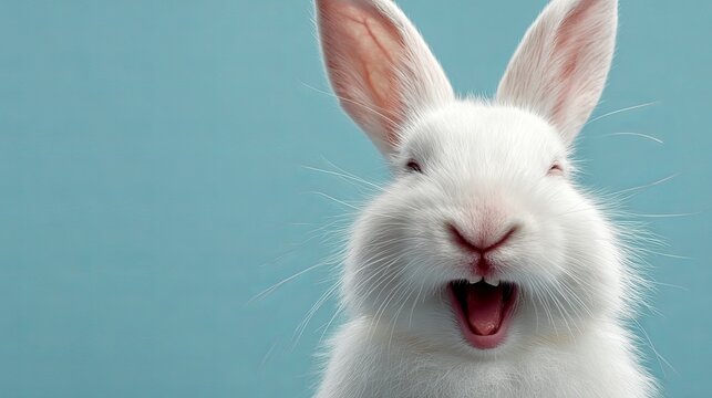 A close-up portrait of a white rabbit with its mouth open in a playful expression against a plain blue background.