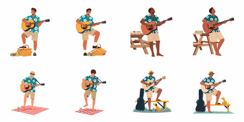 Set of illustrations featuring men in Hawaiian shirts playing acoustic guitars during outdoor summer picnics and leisure activities.