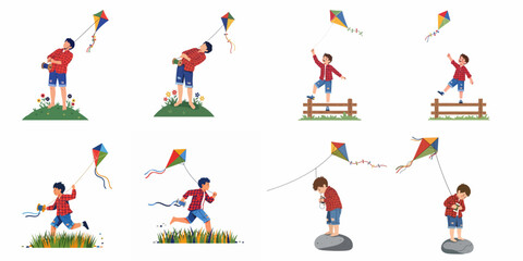 Naklejka premium Collection of vector illustrations showing a young boy in various poses flying a colorful kite outdoors, on hills, fences, and while running.