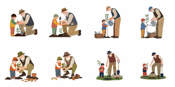 Set of illustrations featuring a grandfather and grandson planting trees and gardening together, depicting intergenerational bonding, learning, and environmental care.