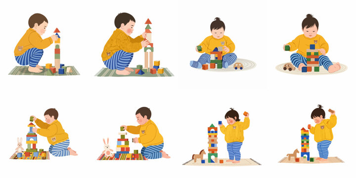 Set of illustrations depicting a toddler happily playing and building towers with colorful wooden blocks on various rugs, promoting early childhood development.