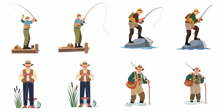 Collection of flat vector illustrations depicting an elderly fisherman engaged in various angling activities, from casting on a pier to wading in a stream.
