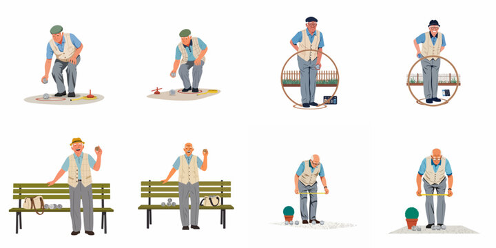 Set of flat vector illustrations depicting active senior men playing petanque, throwing boules, measuring distances, and enjoying outdoor recreational sports on a white background.