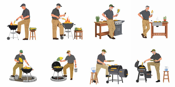 Set of illustrations featuring a senior man cooking corn on various barbecue grills, including kettle, gas, and smokers, isolated on white background.