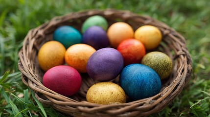 A wicker basket filled with colorful Easter eggs sits on a lush green grassy background.