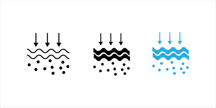 Minimal black outline icon illustrating a filtration process where particles are separated from liquid. Suitable for concepts of water purification, filtration technology, environmental protection, an