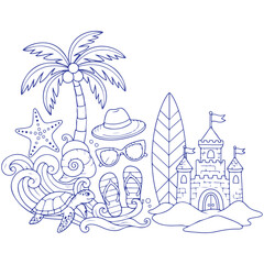 Obraz premium Tropical Beach Landscape with Palm Trees and Surfboards Outline Illustration
