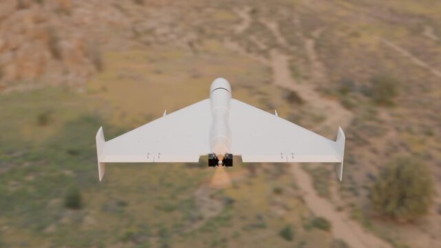 A 3D animation of a flying kamikaze drone. It rotates 360 degrees. The rotation is seamless.