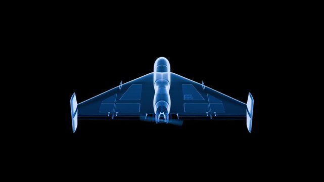 A 3D animation of a kamikaze drone. The drone is a hologram. It rotates 360 degrees. The rotation is seamless.