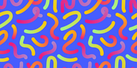 Obraz premium Seamless squiggles pattern with neon gradient wavy strokes on bright blue background. Retro Memphis 80s 90s vibe for wallpaper, fabric, wrapping paper, packaging, web banners. Modern surface print.