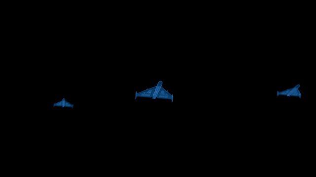 A 3D animation shows five kamikaze drone UAVs that look like holograms flying from left to right in front of the camera at night.