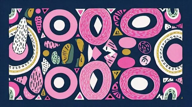 Vibrant abstract geometric pattern with pink circles and shapes on dark blue background