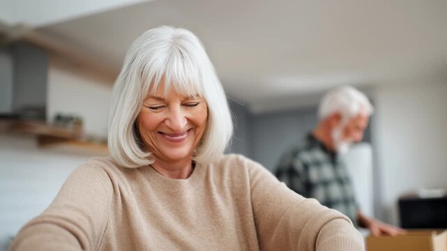 Senior couple packing belongings. Woman carefully folds items, man assisting in background. Preparing for relocation, downsizing, retirement life. Cozy home atmosphere, happy moments.