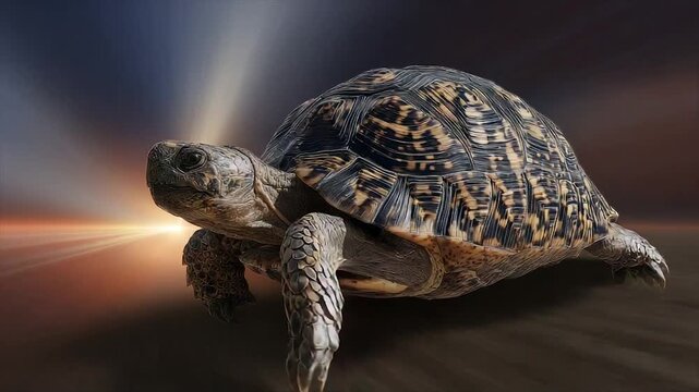 A detailed image of a tortoise with a patterned shell and a blurred background