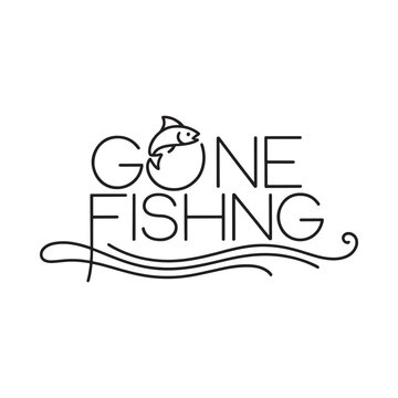 Simple black and white illustration of gone fishing with a fish icon