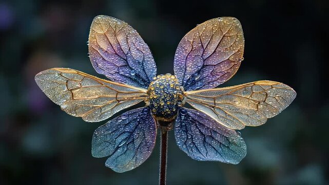Delicate, translucent flower with dewdrop-covered petals and complex venation