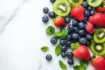 Obraz premium A vibrant assortment of fresh fruits like strawberries, blueberries, kiwi arranged on a marble surface. This composition evokes freshness and health
