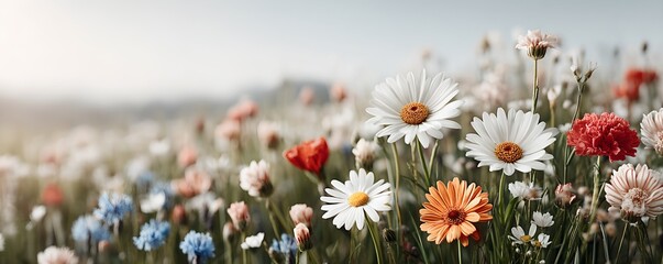A vibrant display of wildflowers, capturing the beauty and tranquility of nature. Featuring various types of flowers in full bloom