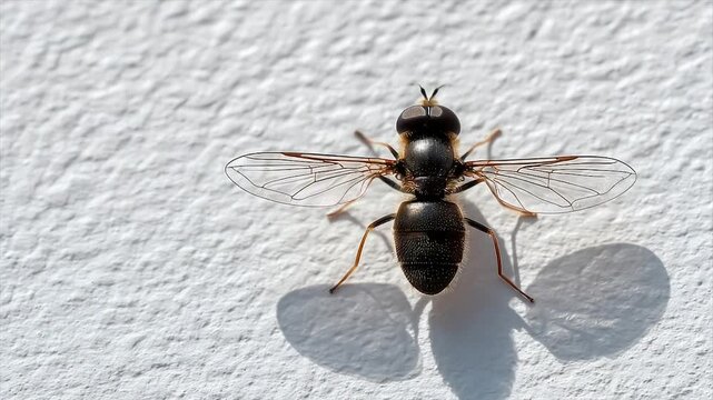 A hoverfly is perched on a white textured surface, with visible wings and antennae