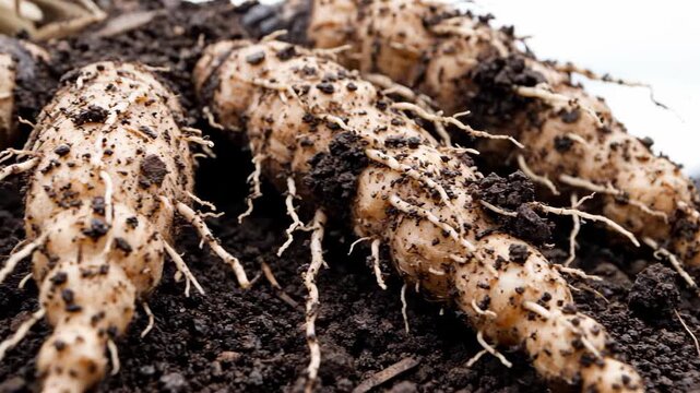 Extreme macro of a freshly cut ginger root cross-section, showcasing its pale gold-cream flesh and fibrous structure bathed in soft morning daylight.