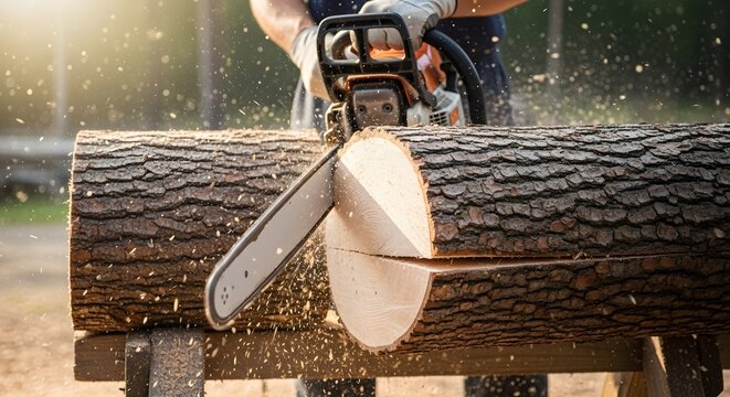 Person Cutting a Large Wooden Log with a Chainsaw, Sawdust Flying in a Sunny Outdoor Setting