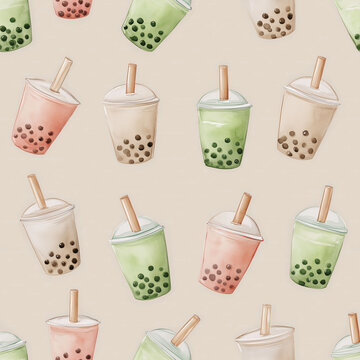 Seamless minimal watercolor bubble tea pattern with pastel pink, green and beige boba cups on soft neutral background, cute modern drink repeat design for fabric, wallpaper and surface print