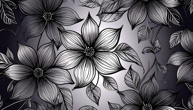 An elegant grayscale floral pattern featuring intricate line art. Delicate flower outlines and leaves against a gradient backdrop