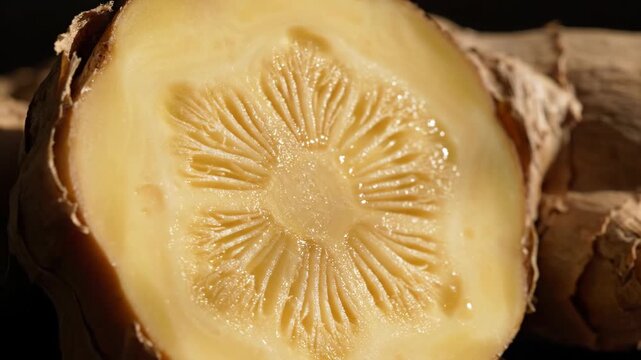 Macro close-up of a fresh ginger root cross-section, revealing its intricate fibrous internal structure and natural earthy yellow tones against a dark background.