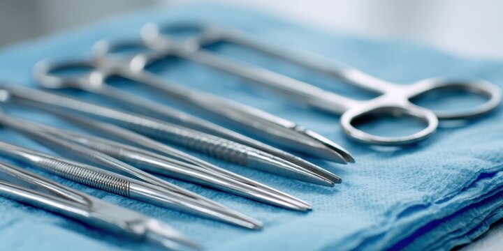 surgical instrument tray, a close-up of neatly arranged surgical instruments on a blue drape in a sterile environment