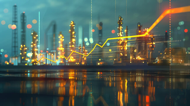 Oil price graph of the energy market showing rising energy shortage crisis the effect from U.S.-Israel war on Iran. with petrochemical refinery towers background.