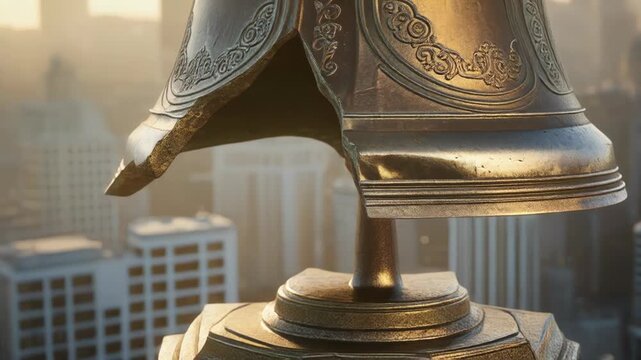 A large metallic object with ornate designs sits atop a cityscape during sunrise