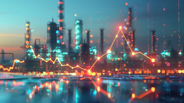 Oil price graph of the energy market showing rising energy shortage crisis the effect from U.S.-Israel war on Iran. with petrochemical refinery towers background.
