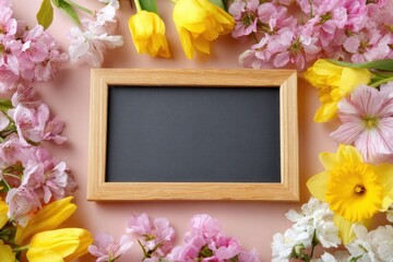 Empty wooden chalkboard frame sits centered on a peach surface surrounded by yellow tulips and pink spring cherry blossoms.