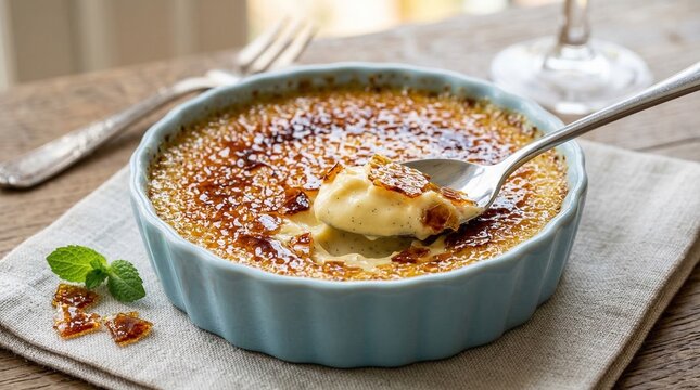 Classic Cr&egrave;me Br&ucirc;l&eacute;e with caramelized sugar crust in a blue ramekin
