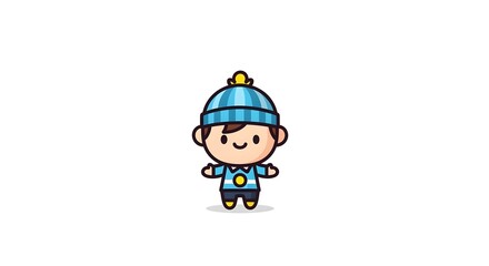 Smiling cartoon character in blue outfit.