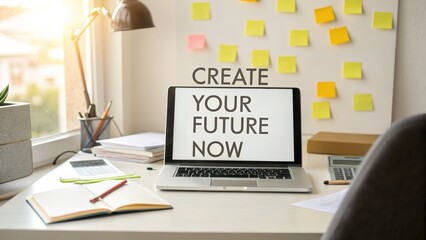 Naklejka premium Laptop Open With Motivational Message on Desk