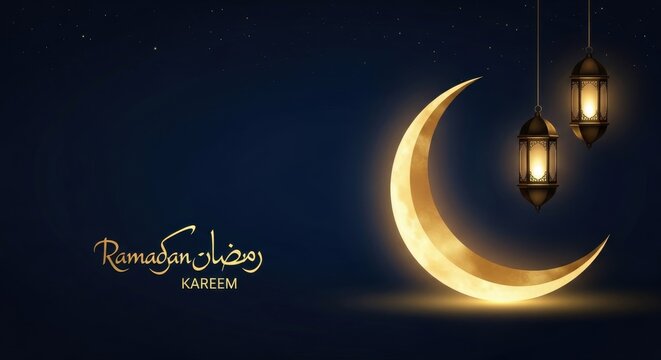 Golden crescent moon and glowing traditional Arabic lanterns on a dark blue starry night sky background with elegant Ramadan Kareem calligraphy, ideal for Islamic holiday greetings and banners.
