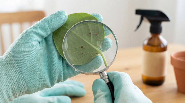 Close up of hands in thick protective gloves using a glass magnifier to closely inspect a sick green houseplant leaf severely infested with tiny red spider mites next to a blurred eco bio spray bottle