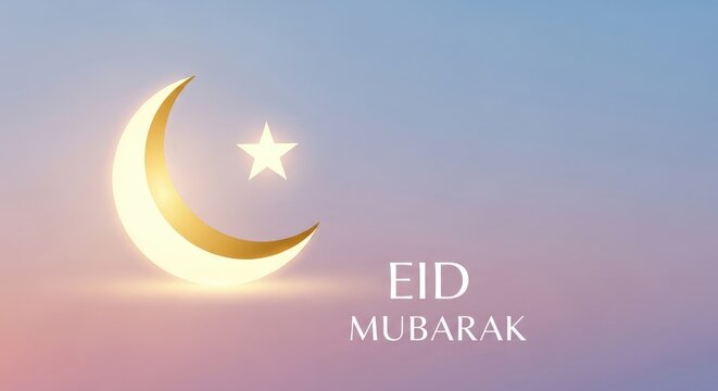 Golden crescent moon and star with glowing effect on a soft gradient background, featuring "EID MUBARAK" text, ideal for Islamic holiday greetings and celebrations.