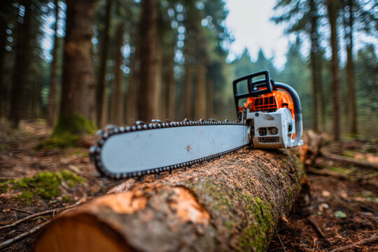 Chainsaw resting on a freshly cut tree trunk in the middle of a dense forest surrounded by tall trees and natural woodland scenery during daytime