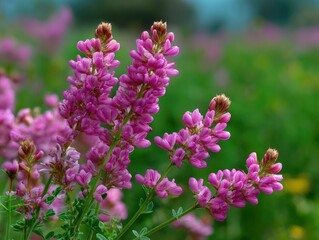 Obraz premium A vibrant and detailed close-up captures multiple clusters of rich magenta-pink flowers, showcasing their delicate petals with fine striations against a softly blurred, verdant green background. The s