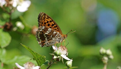 Obraz premium An exquisite butterfly, displaying intricate patterns on its wings, perched gracefully upon a delicate, white flower, bathed in natural light