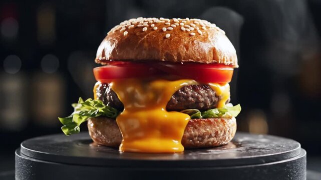 A juicy cheeseburger with melted cheese and fresh lettuce on a sesame seed bun sits on a black plate in a blurred dark background.