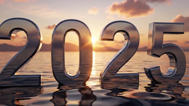 Metallic 2025 numbers float on tranquil water at sunset