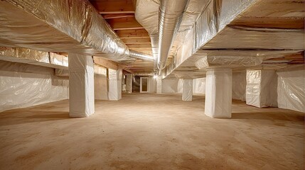 Naklejka premium Crawl space encapsulation with vapor barrier and insulation