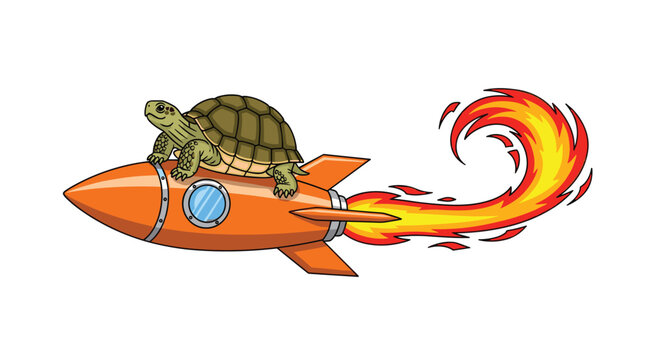 A cartoon green turtle with a brown shell rides an orange rocket emitting a fiery plume on a white background.